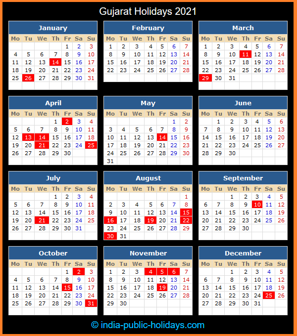 Gujarat Holiday Calendar 2021
